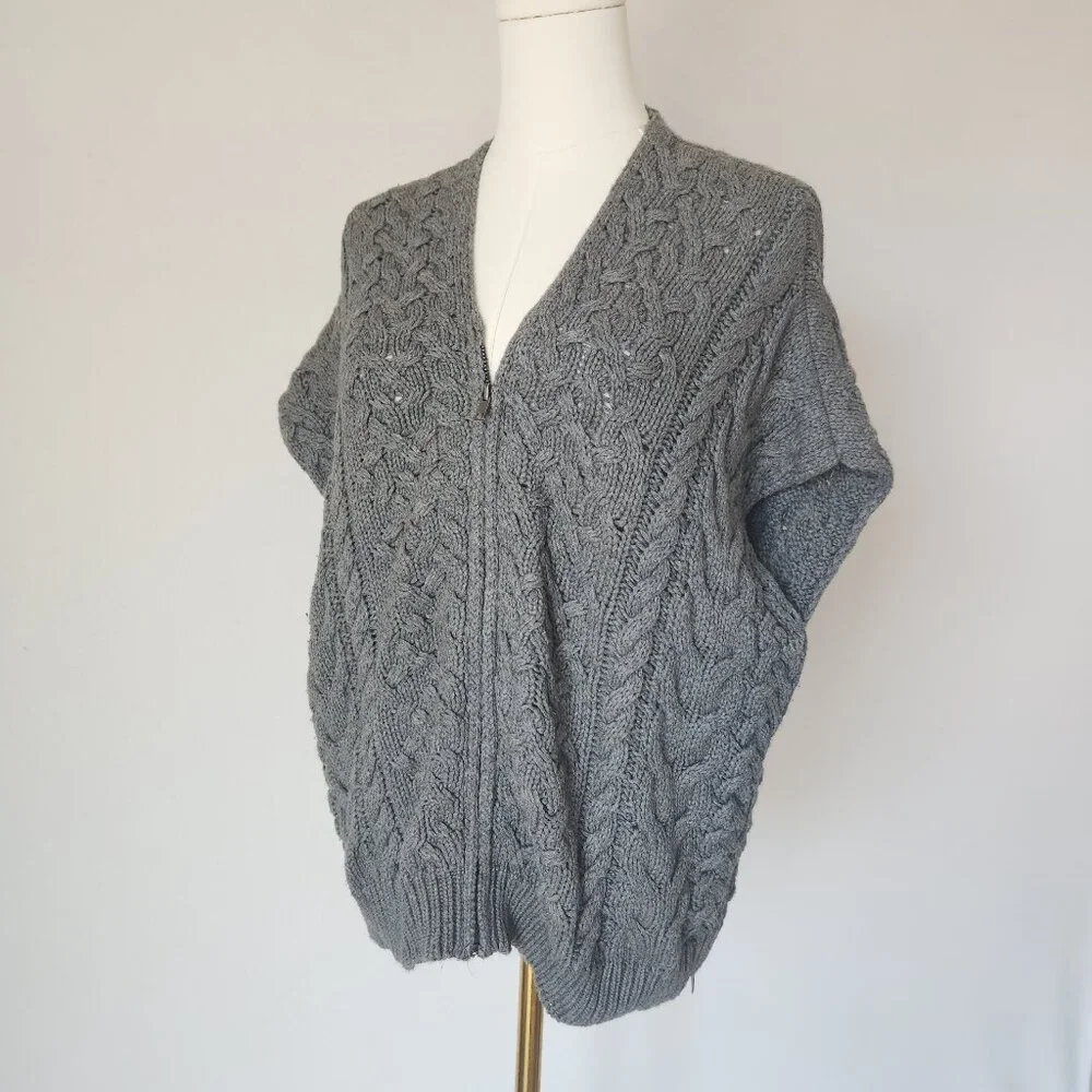 VINCE Cable-Knit Zip-Up Poncho Cape Sweater Side-Zipper Cotton Wool Cashmere